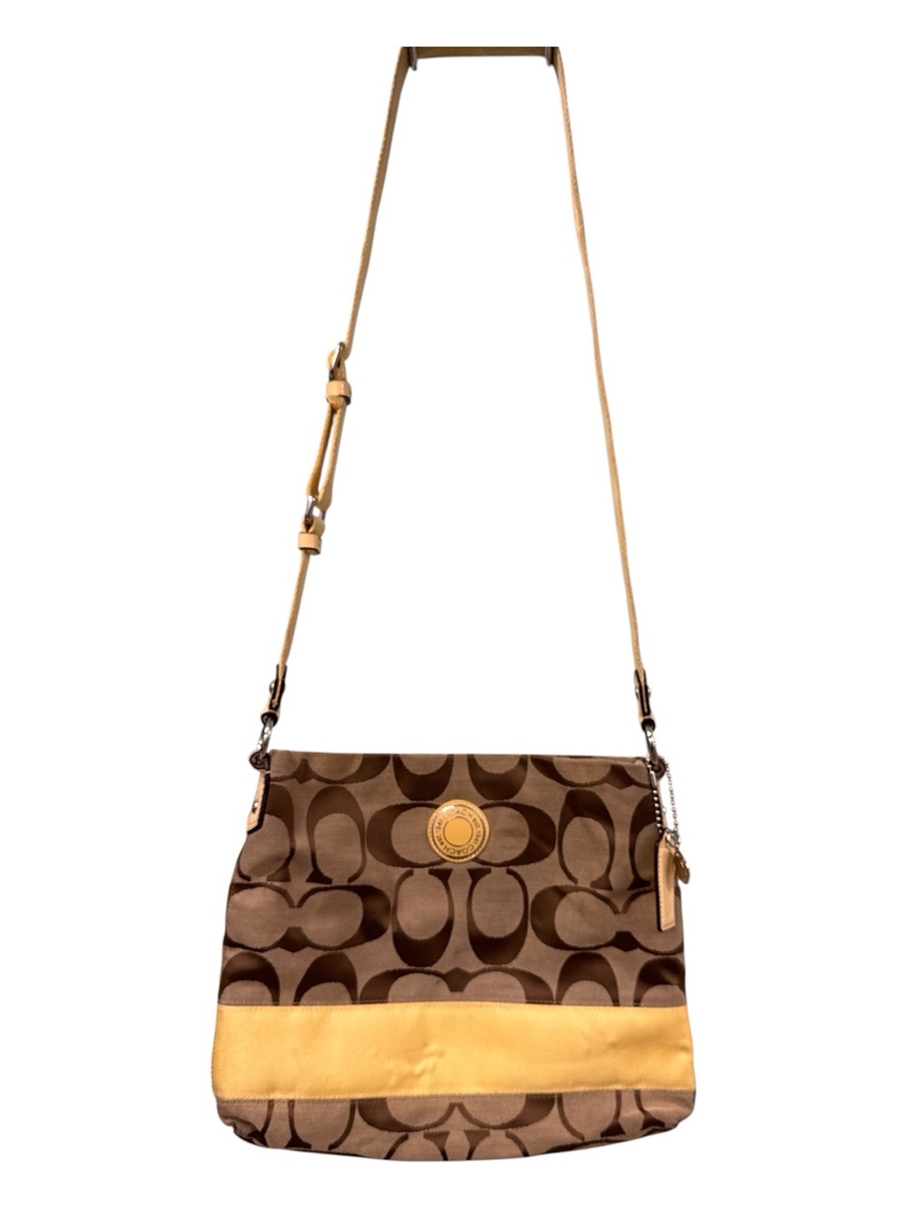 Coach Brown Signature Canvas Crossbody with Yellow Trim